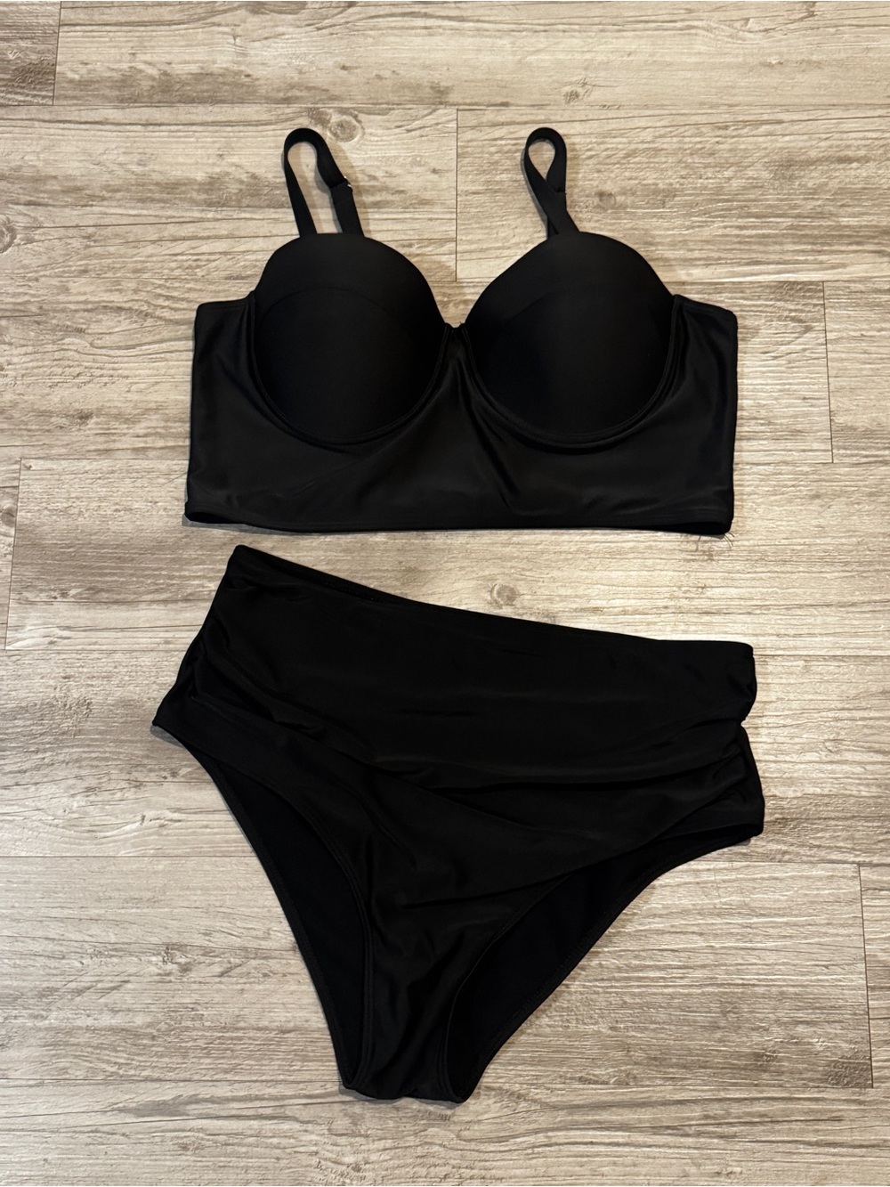 Underwire Longline Black Bikini Set with High-Waist Bottoms